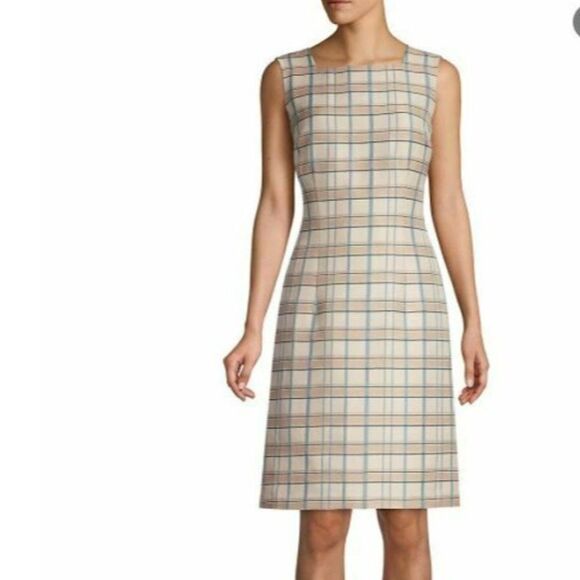 Lafayette 148 New York Womens Filmore Plaid Jojo Sheath Dress Sz 6 Tan Blue NWT - Picture 1 of 9